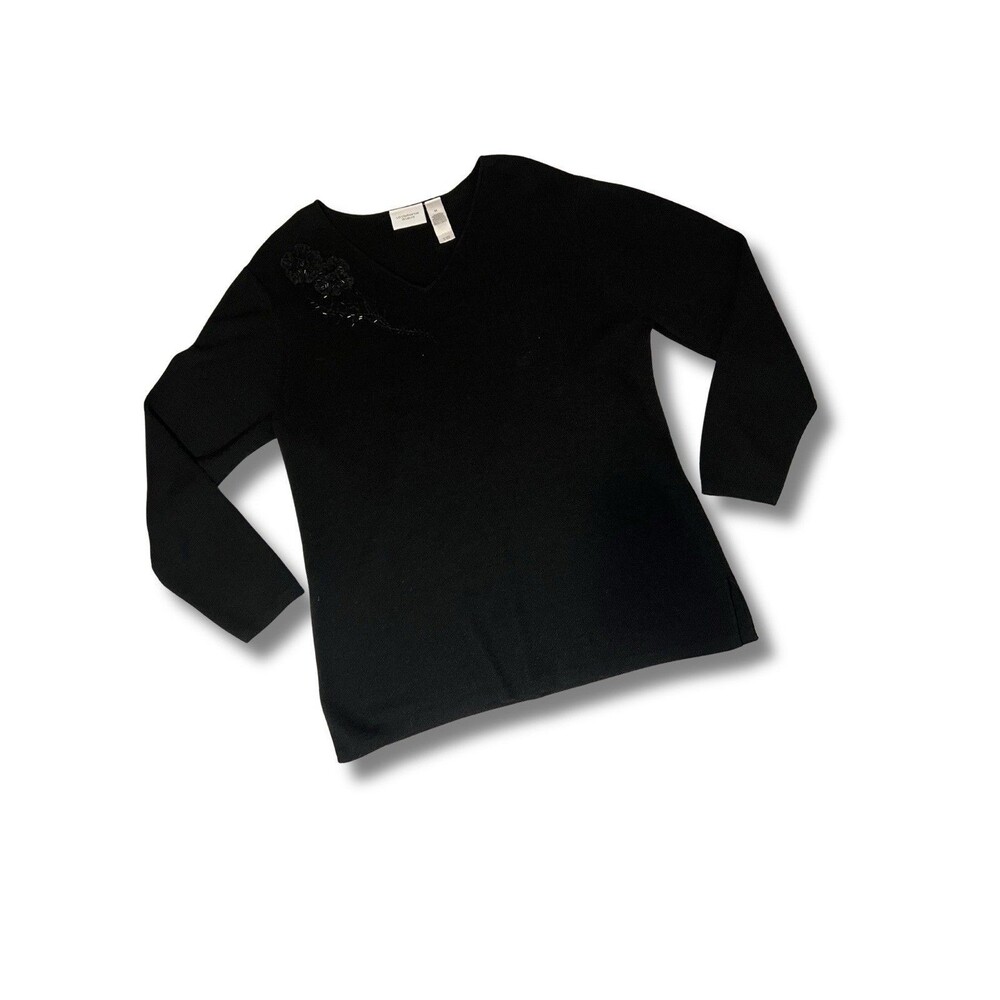 Liz Claiborne Woman Sweater 2x Black Beaded Flower